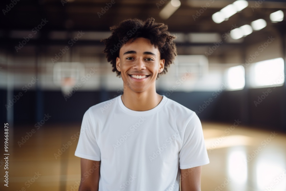 Fototapeta premium Portrait of a smiling male African American teenager in basketball gym
