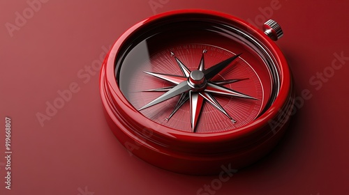 Red compass with silver needle pointing north on a red background. photo