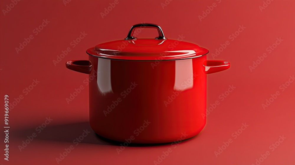 Red enameled pot with silver lid handle on red background. Red enameled pot with silver lid handle on red background.