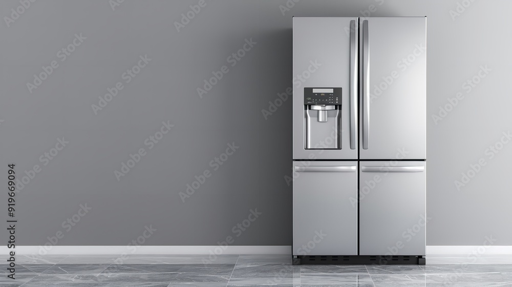 Modern stainless steel kitchen and household appliances with three doors in the front view, Generative AI. Modern stainless steel kitchen and household appliances with three doors in the front view, Generative AI.