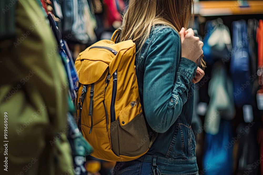 Sideways close-up hand customer woman wears casual clothes browsing travel gear at an outdoor shop. Sideways close-up hand customer woman wears casual clothes browsing travel gear at an outdoor shop.