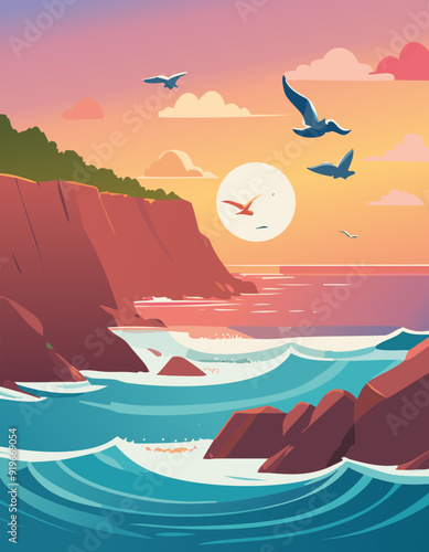 Atardecer con montañas y aves en el mar