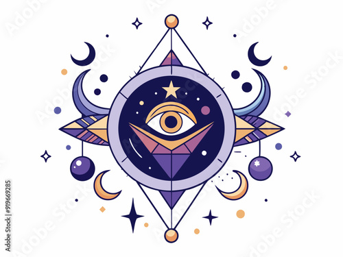 Mystic celestial symbol. Esoteric galaxy elements. Magic spiritual astrology signs, abstract moon, sun, stars, constellations. Graphics alchemy tattoo. Vector set 
