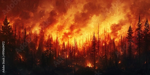 A large wildfire blazing intensely on a mountainside, with tall silhouetted pine trees in the foreground and an orange and smoky sky in the background.