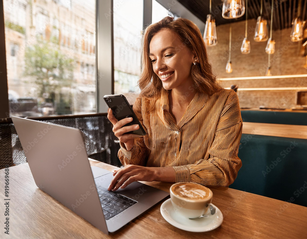 Happy young woman working remotely at a coffee shop, using her mobile phone and laptop, enjoying the freedom of freelance work Happy young woman working remotely at a coffee shop, using her mobile phone and laptop, enjoying the freedom of freelance work