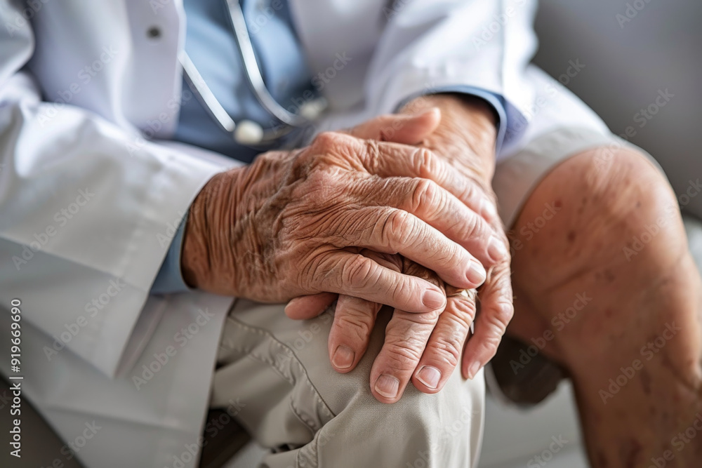 Fototapeta premium Doctor consulting with a concerned female patient holding a tablet in a clinic.