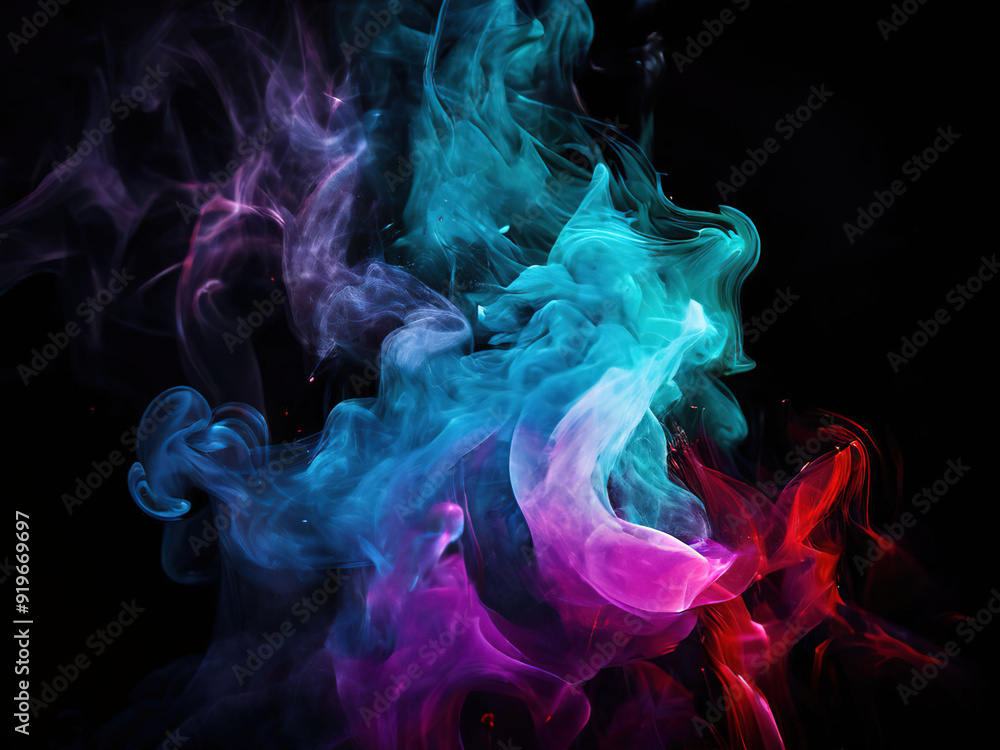Obraz premium Abstract colorful smoke swirling on black background.