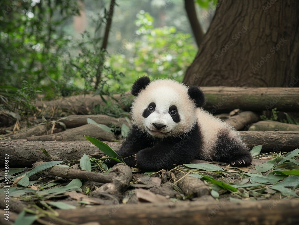 Obraz premium Baby giant panda in nature surrounded by greenery.
