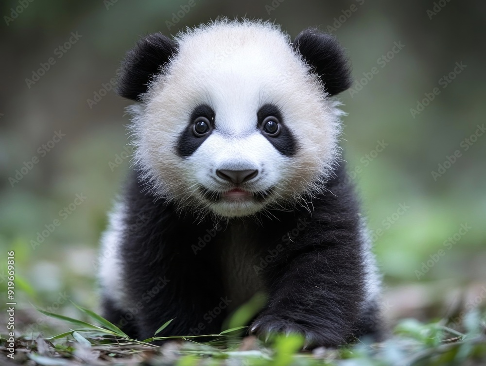 Baby giant panda in nature surrounded by greenery. Baby giant panda in nature surrounded by greenery.