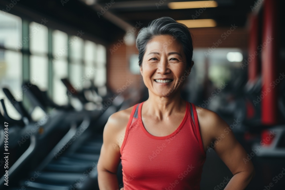 Smiling portrait of a slightly overweight middle aged woman in gym Smiling portrait of a slightly overweight middle aged woman in gym
