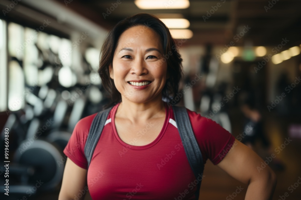 Smiling portrait of a slightly overweight middle aged woman in gym Smiling portrait of a slightly overweight middle aged woman in gym
