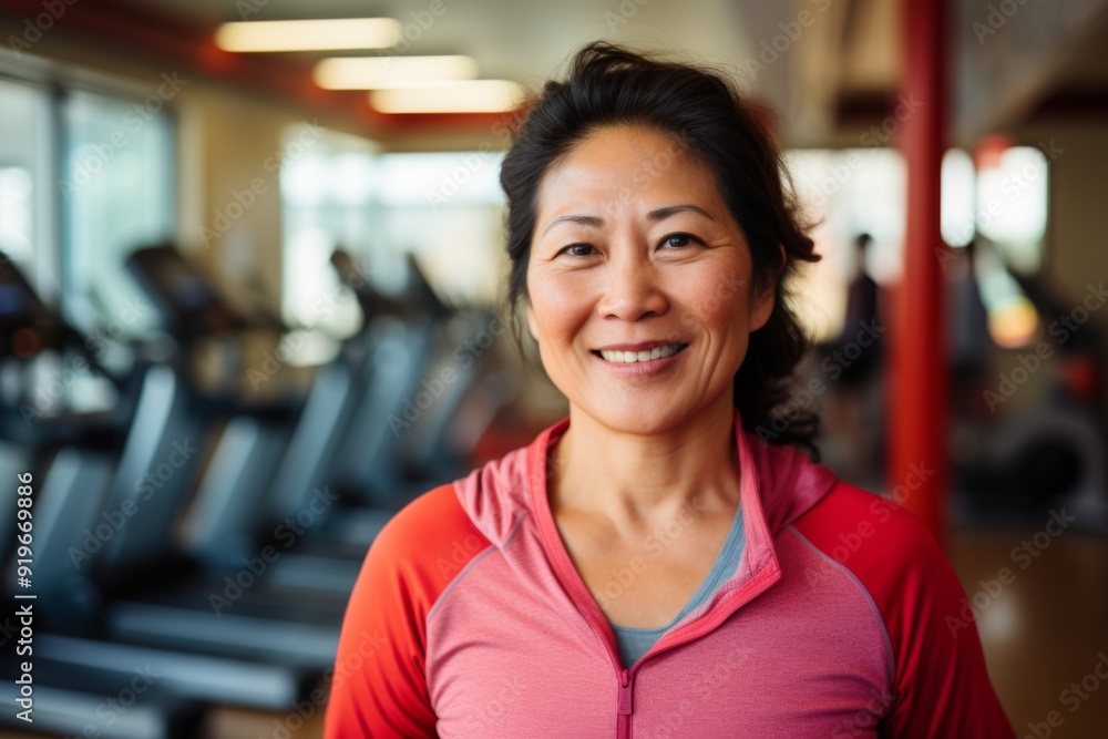 Smiling portrait of a slightly overweight middle aged woman in gym Smiling portrait of a slightly overweight middle aged woman in gym