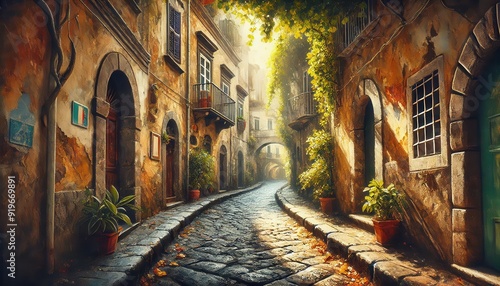 Fototapeta Naklejka Na Ścianę i Meble -  Everyday Sorrento, portrays the quiet beauty of a hidden alley in Sorrento, Italy