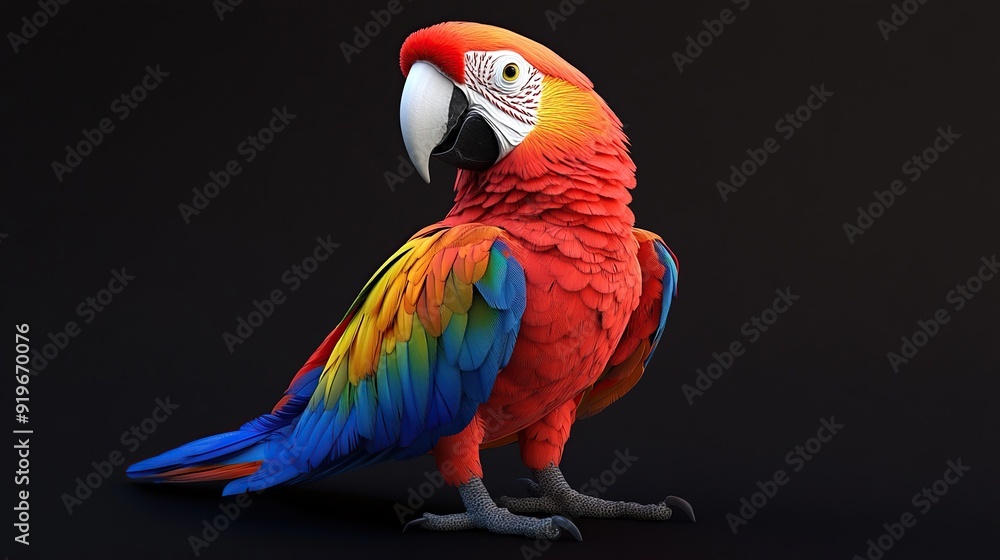 Fototapeta premium Scarlet Macaw with vibrant red, yellow, and blue feathers perched on black background.