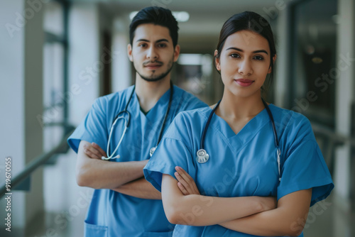 Free Download Two confident healthcare professionals, a man and a woman, wearing blue scrubs and stethoscopes, standing with crossed arms in a hospital hallway. - GFXLoad