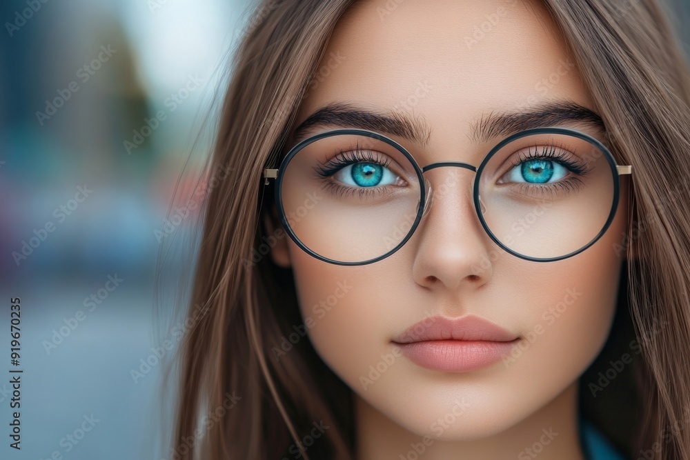 Close-up Portrait of Young Woman with Striking Blue Eyes Wearing Glasses Close-up Portrait of Young Woman with Striking Blue Eyes Wearing Glasses