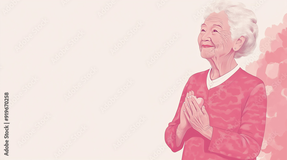 A stylish illustration of a young woman holding her hands over her heart and smiling with a mix of confidence and warmth. A stylish illustration of a young woman holding her hands over her heart and smiling with a mix of confidence and warmth.