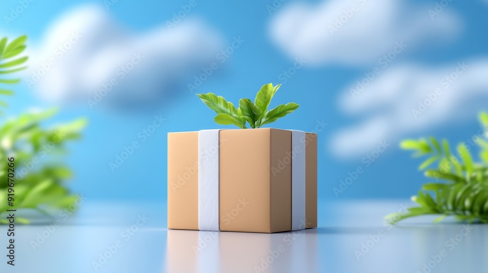 Creative gift box with a green plant growing from it, set against a bright blue sky with fluffy clouds. Creative gift box with a green plant growing from it, set against a bright blue sky with fluffy clouds.