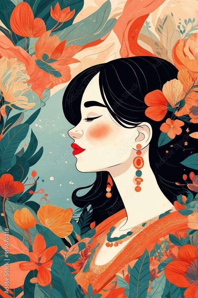 Artistic illustration of a woman in profile, wearing red jewelry, surrounded by vibrant orange and green floral elements, exuding elegance and serenity.
