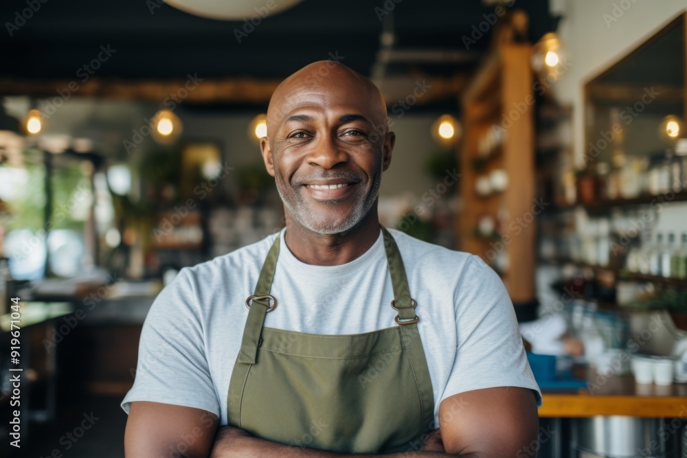 Portrait of a smiling male middle aged African American bartender Portrait of a smiling male middle aged African American bartender