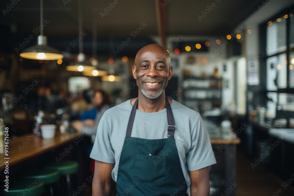 Fototapeta premium Portrait of a smiling male middle aged African American bartender