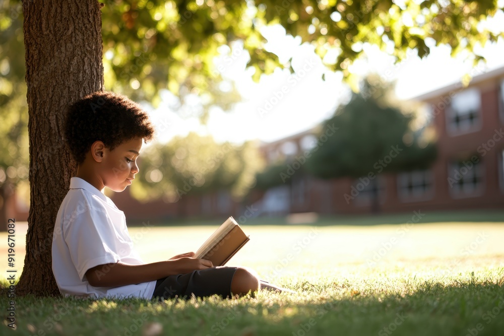 Studious Student Engrossed in Book Reading Under Tree in Schoolyard Studious Student Engrossed in Book Reading Under Tree in Schoolyard