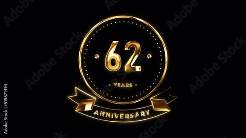 62nd Anniversary Celebration. Happy 62 Years Anniversary Animation in Gold Color on the Transparent Background, Alpha Channel. Great for greetings, celebrations, events, and gifts. photo