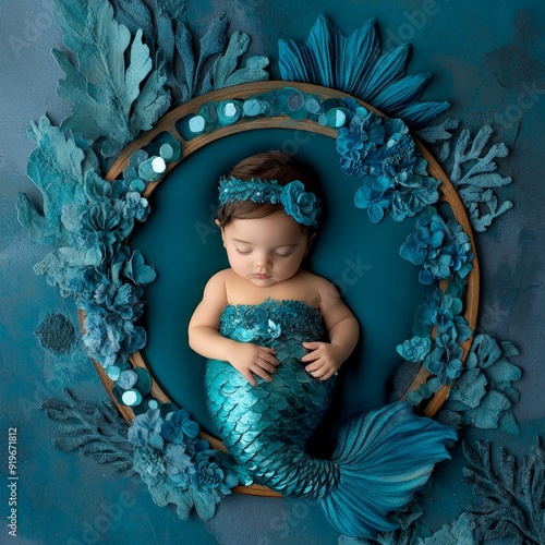 Serene Newborn Mermaid Asleep Amidst Aquatic Decor on Teal Background