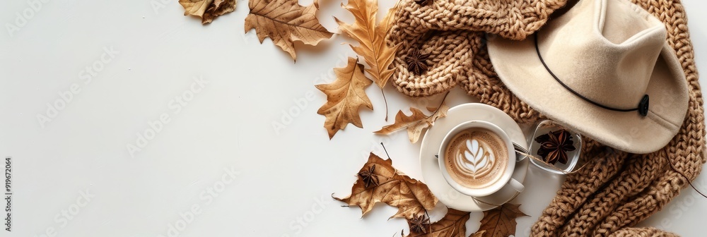 Obraz premium A cup of latte art coffee, a cozy knitted scarf, a fedora hat, and autumn leaves symbolize warmth, comfort, fall season, and relaxation.