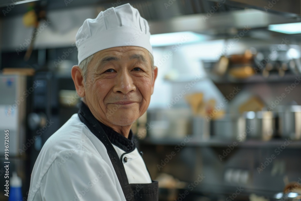 Portrait of a senior Asian male chef in kitchen Portrait of a senior Asian male chef in kitchen