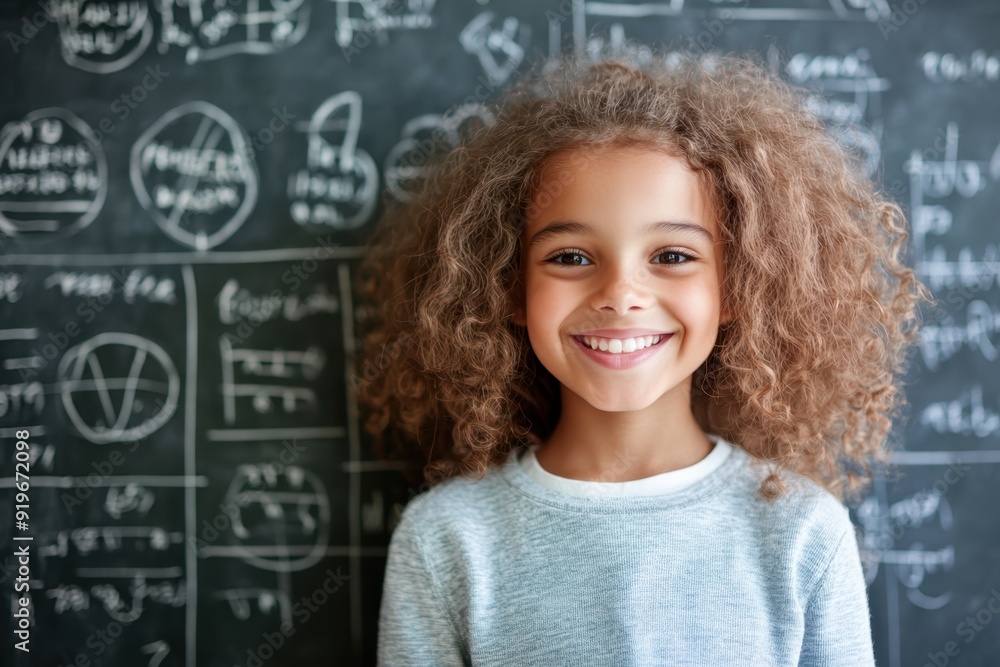 Happy Student with Math Equations on Chalkboard Happy Student with Math Equations on Chalkboard