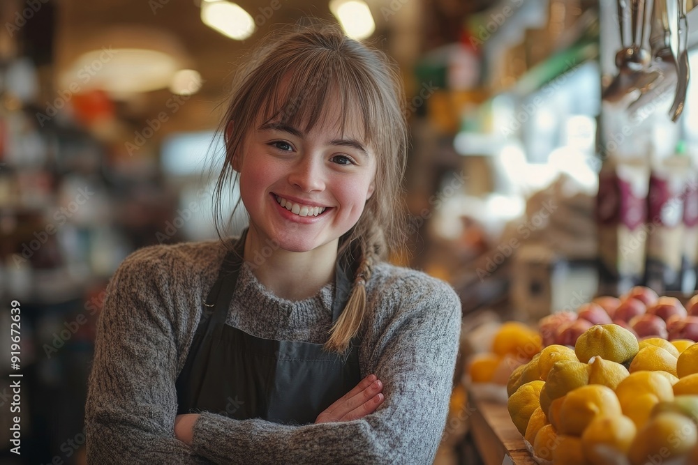 Shop worker with Down syndrome smiling at the camera, Generative AI Shop worker with Down syndrome smiling at the camera, Generative AI