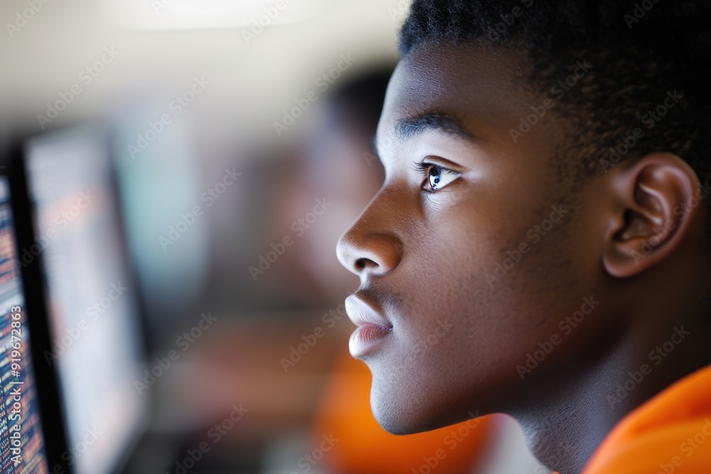 Focused Student Engaged in Coding Class Profile View with Technology Education Concept Focused Student Engaged in Coding Class Profile View with Technology Education Concept
