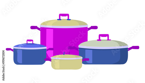 Set of blue and purple pots for cooking