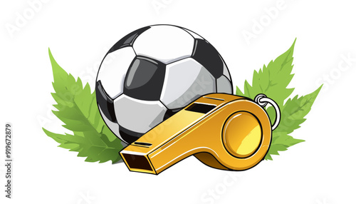 Soccer ball and whistle on green leaves
