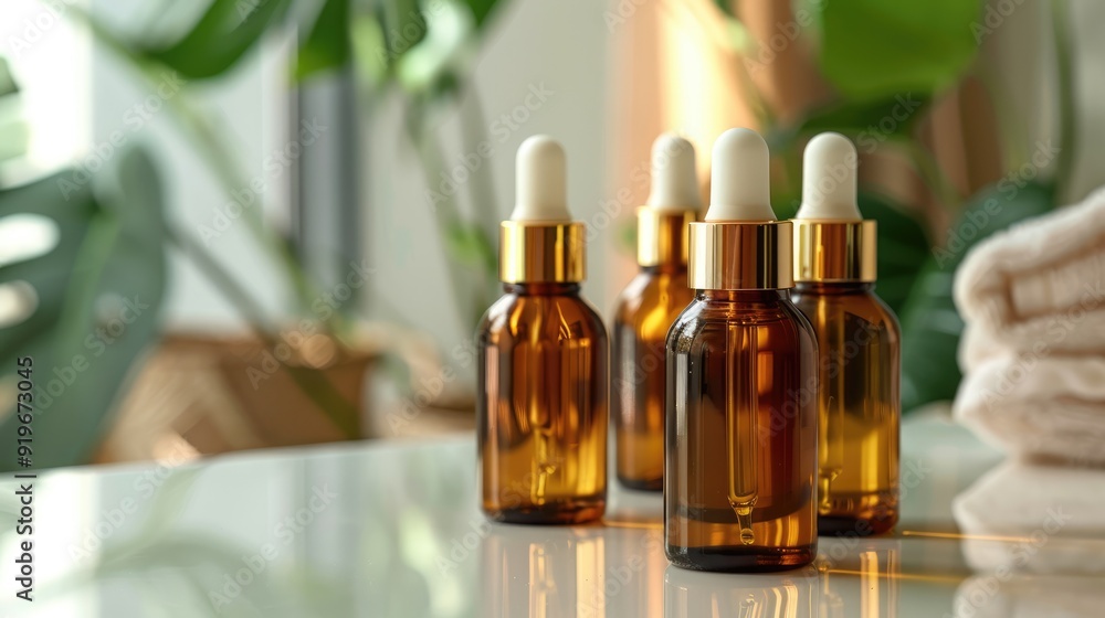 Golden essential oil serum bottles on white table, spa wellness, beauty products composition. Golden essential oil serum bottles on white table, spa wellness, beauty products composition.