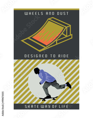 Vector illustration of graphic and geometric elements, added to motifs alluding to the practice of skateboarding. Drawing in flat, well-defined colors, suitable for posters, t-shirt prints and etc.
