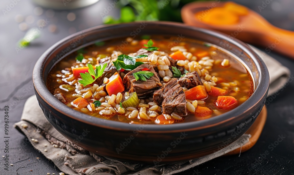 Satisfying beef barley soup with savory broth and vegetables; hearty, handmade, soothing soup with vegetables replicate space, Generative AI. Satisfying beef barley soup with savory broth and vegetables; hearty, handmade, soothing soup with vegetables replicate space, Generative AI.