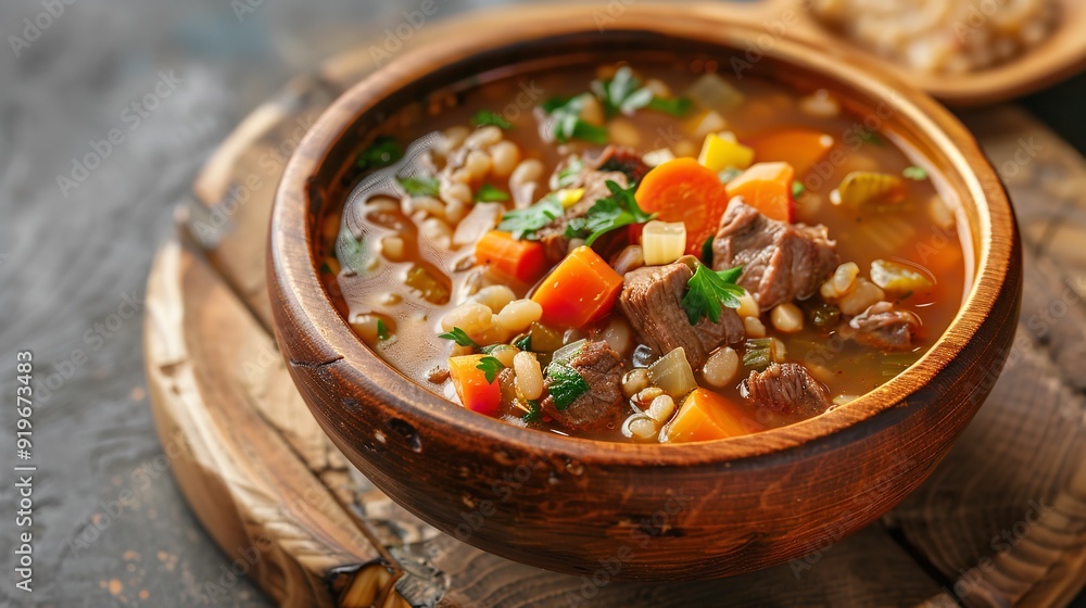 Satisfying beef barley soup with savory broth and vegetables; hearty, handmade, soothing soup with vegetables replicate space, Generative AI. Satisfying beef barley soup with savory broth and vegetables; hearty, handmade, soothing soup with vegetables replicate space, Generative AI.
