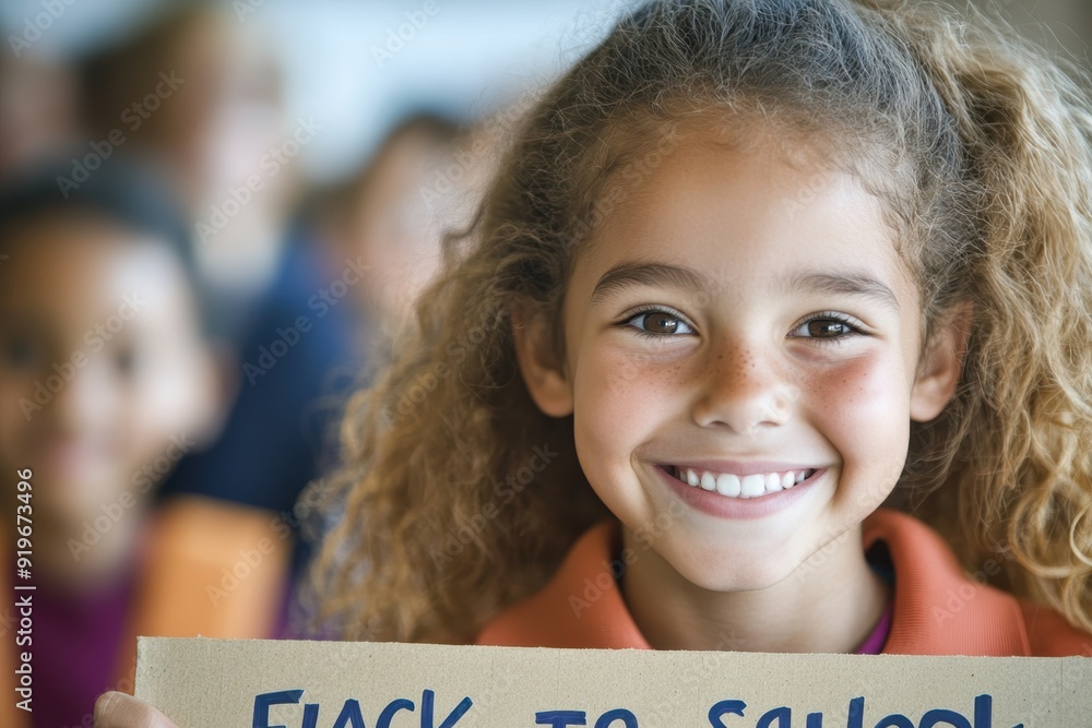 Happy Student Holding First-Day-of-School Sign with a Beaming Smile Happy Student Holding First-Day-of-School Sign with a Beaming Smile
