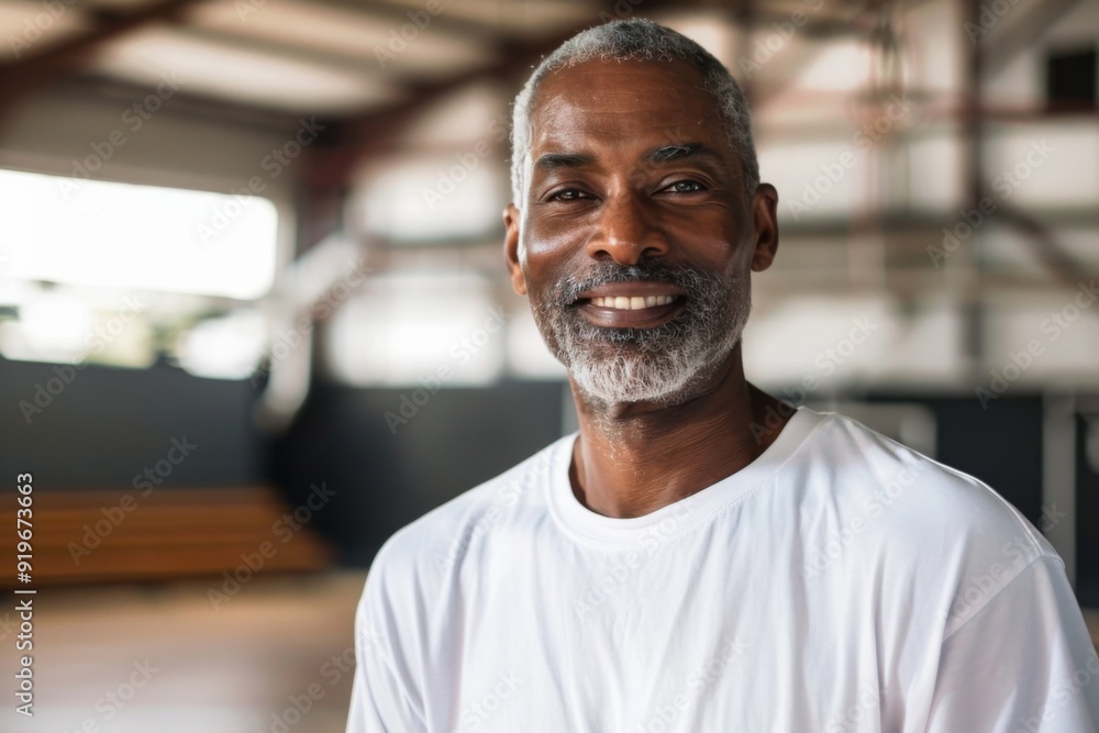 Smiling portrait of a senior African American man in basketball gym Smiling portrait of a senior African American man in basketball gym