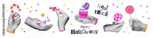 Halloween trendy art collage elements set. Trick or treat, halftone hands holding lollipop, cupcake, candy corn, candy cane, amanita mushroom . Modern retro vector illustration