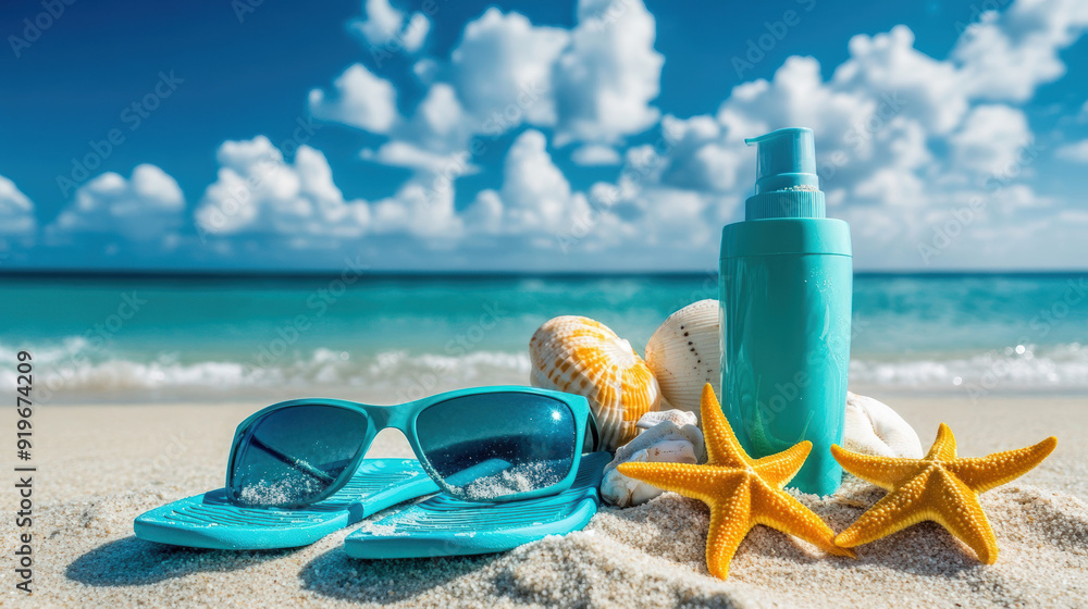 Oceanfront Relaxation: Summer Items on Sandy Beach Oceanfront Relaxation: Summer Items on Sandy Beach