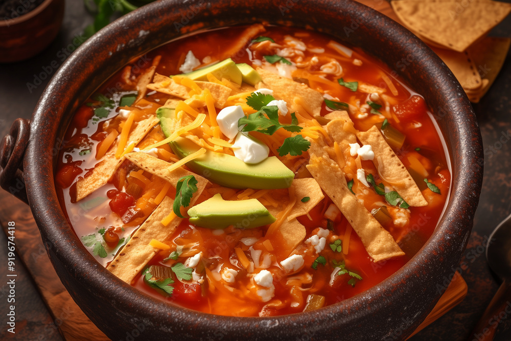 authentic mexican sopa de tortilla with a rich tomato broth topped with avocado and cheese authentic mexican sopa de tortilla with a rich tomato broth topped with avocado and cheese