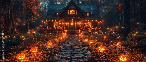 A dark Halloween night scene featuring a house decorated with eerie candy props, such as ghostly candy corn and spooky candy lights, creating a chilling atmosphere photo