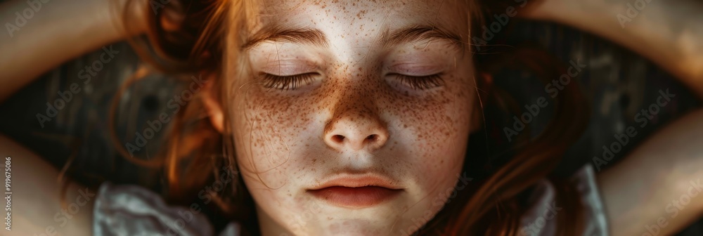 A tranquil close-up of a young girl with freckles, eyes closed, symbolizing peace, innocence, calmness, relaxation, and beauty. A tranquil close-up of a young girl with freckles, eyes closed, symbolizing peace, innocence, calmness, relaxation, and beauty.