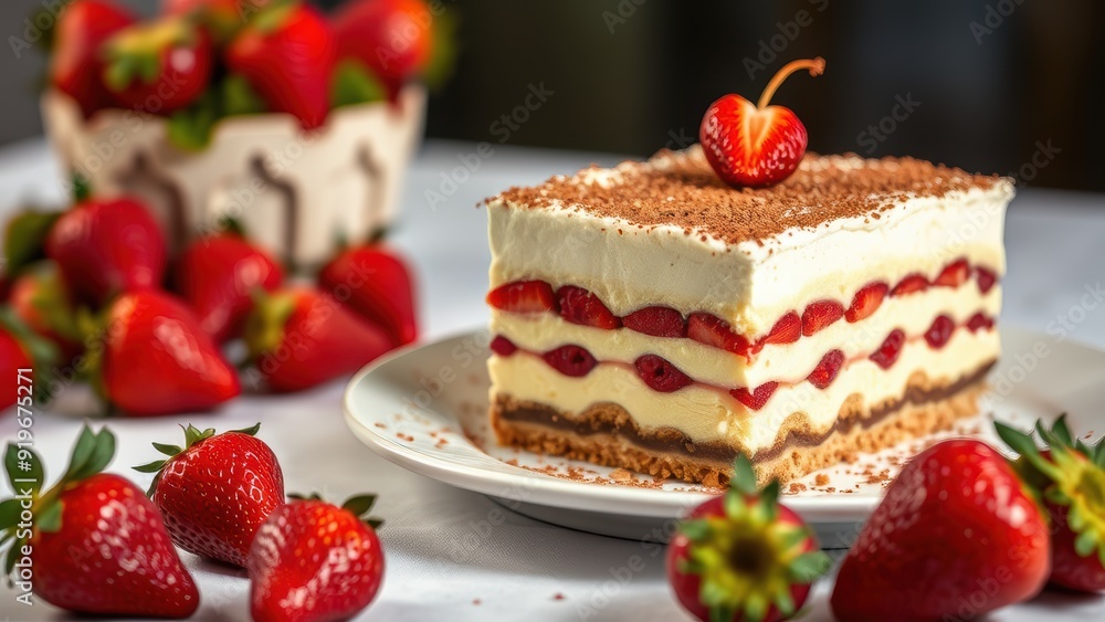 Tiramisu, a perfect Italian dessert, on a table decorated with strawberries. Tiramisu, a perfect Italian dessert, on a table decorated with strawberries.