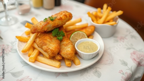 Fish & Chips served with Green Pea Paste and Tartar Sauce on a beautiful table