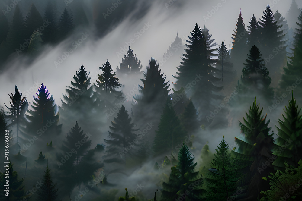 Fototapeta premium Trees Surrounded by Fogs in the Forest