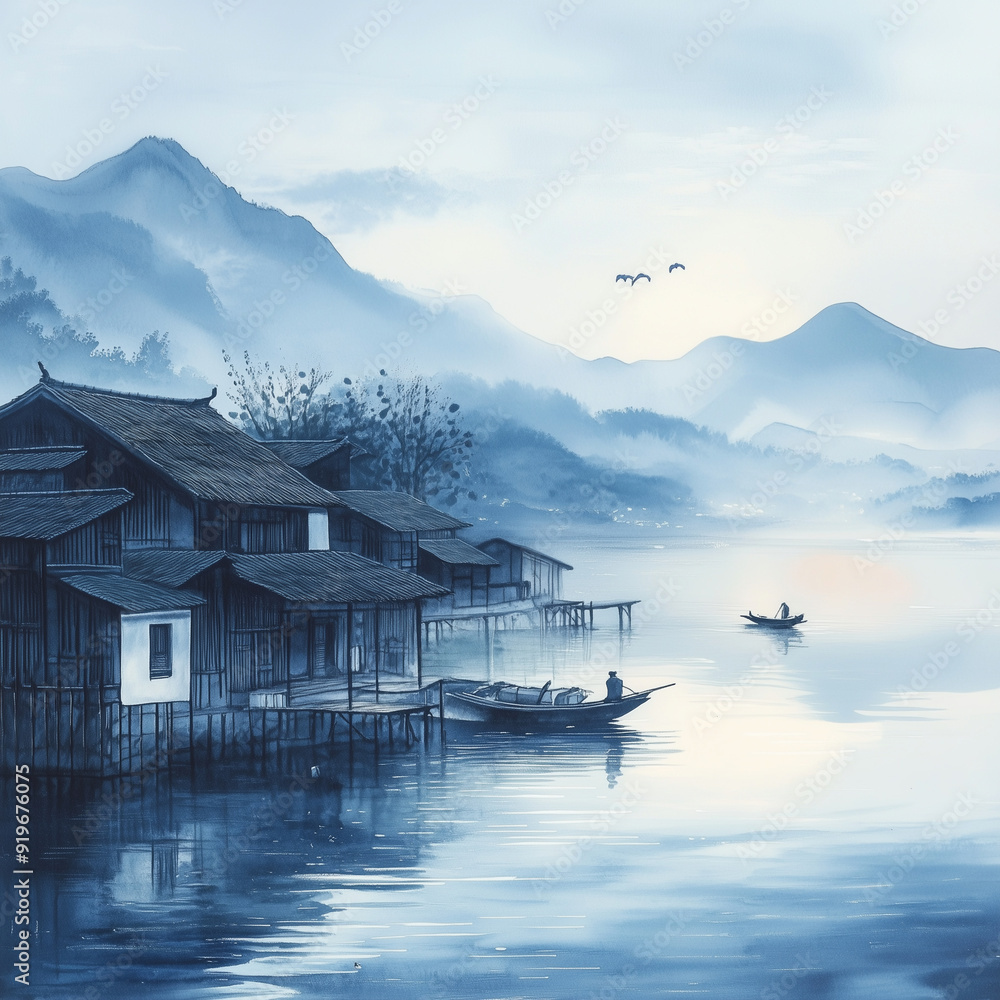 Fototapeta premium A serene ink painting of distant hills Asian style, reflected in the calm waters of a lake. A solitary fisherman floats on a wooden boat